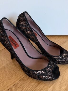 Missoni Black Lace Peep-Toe Heels with Blush Insole